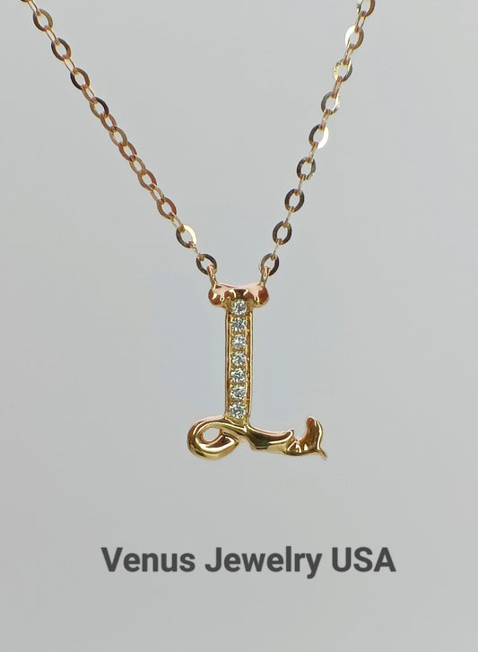 18K Gold Diamond Alphabet  Initial Necklace/Letter L Chain/ A-Z letter necklace with diamond/ Natural Diamond Letter Necklace