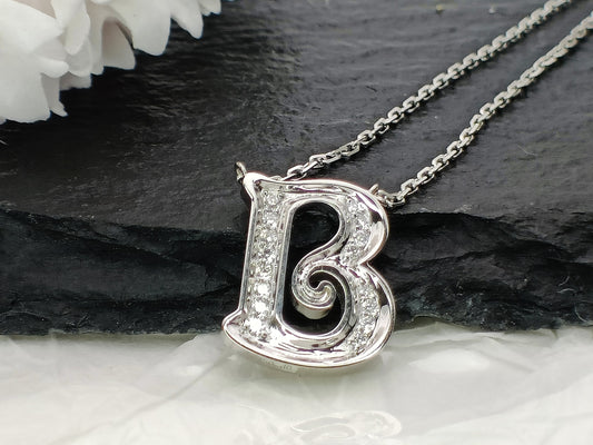 18K Gold Diamond Alphabet Initial Necklace/Letter B Chain/ A-Z letter necklace with diamond/ Natural Diamond Letter Necklace