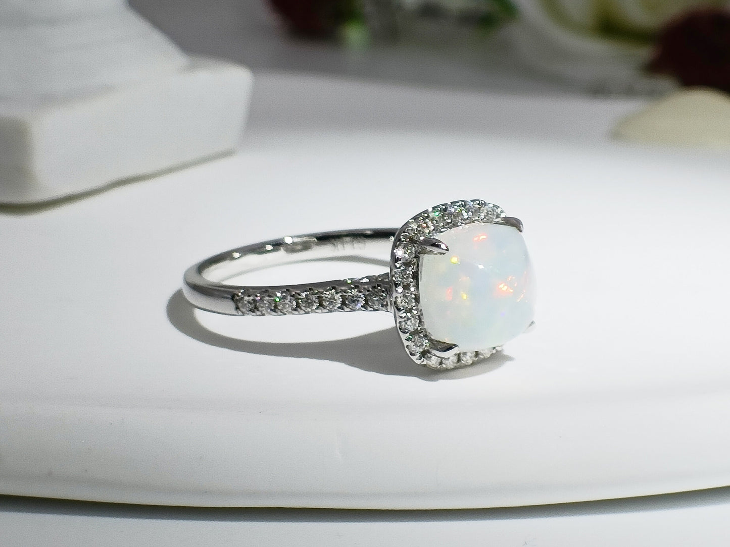 14K Gold Natural Opal Engagement Ring| Opal Moissanite Halo Ring| Opal Statement Ring| Opal Bridal Ring