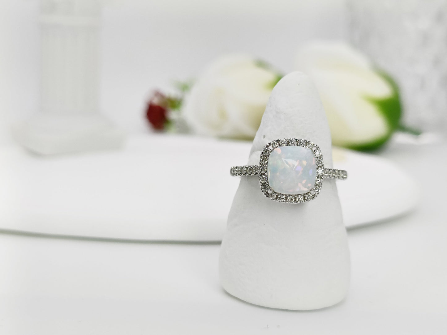 14K Gold Natural Opal Engagement Ring| Opal Moissanite Halo Ring| Opal Statement Ring| Opal Bridal Ring