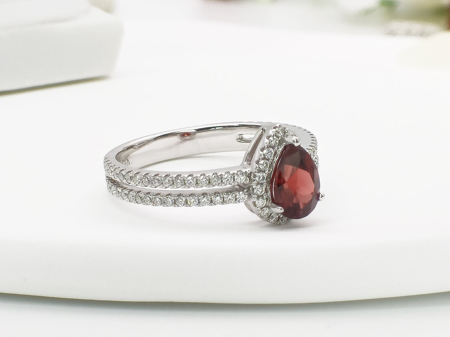 14K Gold Natural Garnet Halo Ring| Genuine Garnet Wedding Ring| Half Eternity Ring| January Birthstone Ring