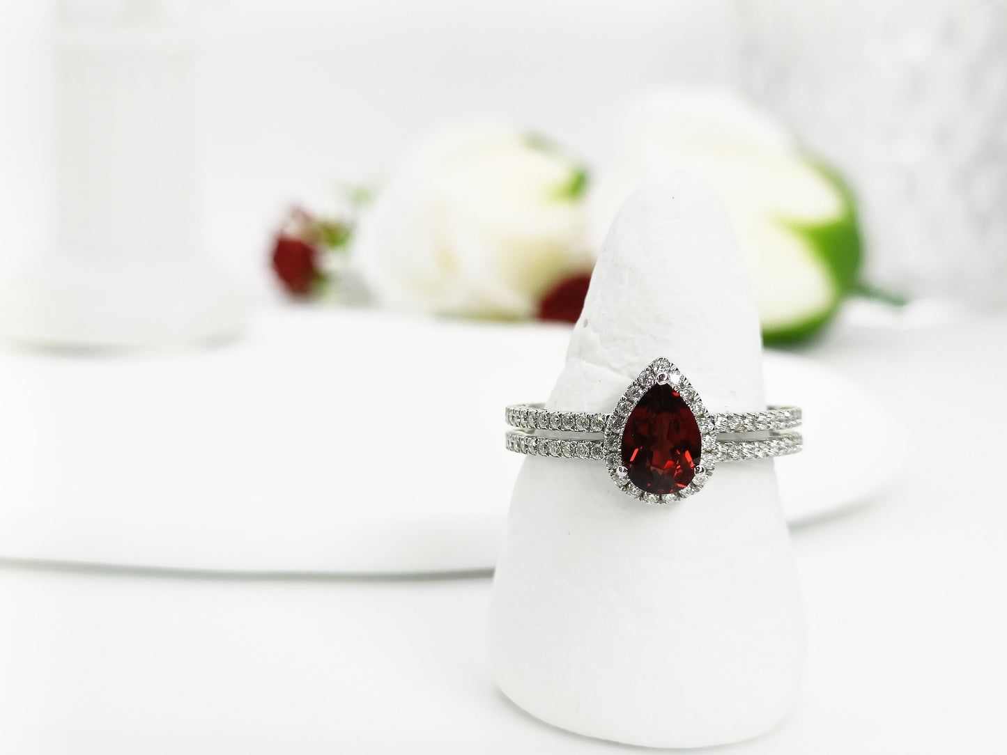 14K Gold Natural Garnet Halo Ring| Genuine Garnet Wedding Ring| Half Eternity Ring| January Birthstone Ring