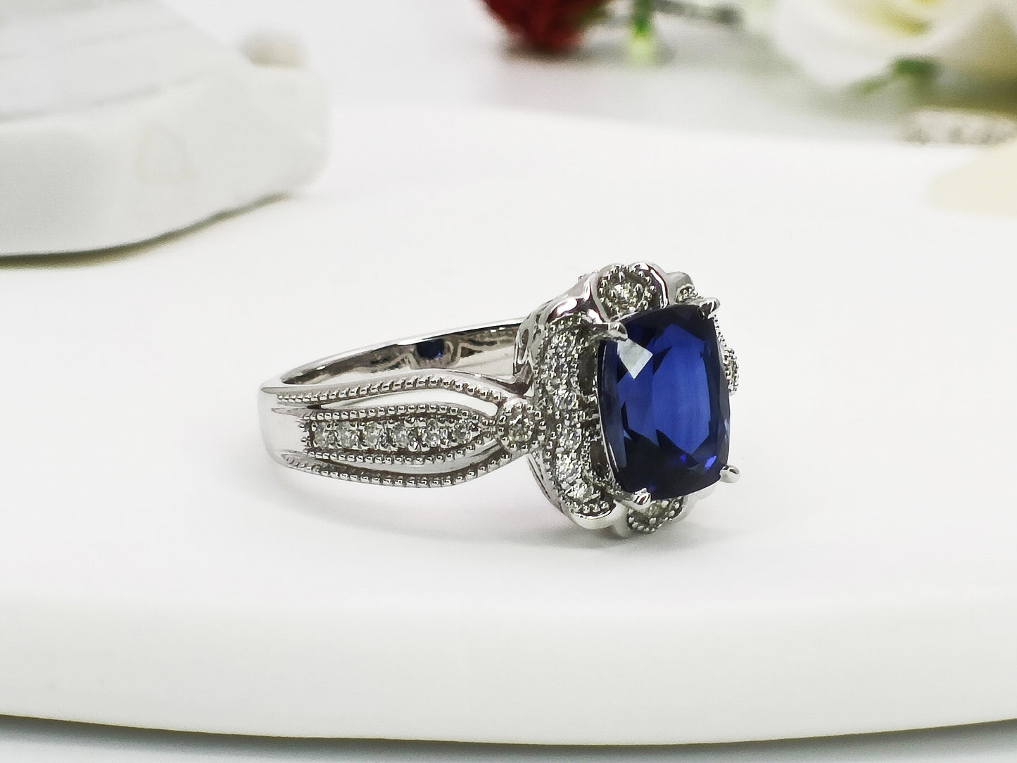 14K Gold Lab Created Sapphire Engagement Ring, Vintage Art Deco Sapphire Wedding Ring, Sapphire Promising Ring, Everyday Ring