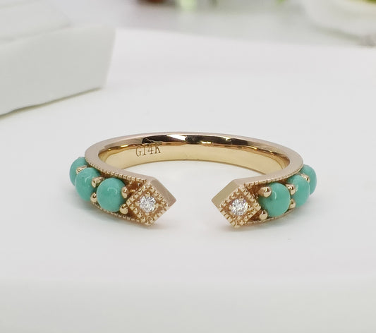 14K Gold Turquoise Engagement Ring| Natural Turquoise Ring| Unique Turquoise Eternity Band| Turquoise Gold Band