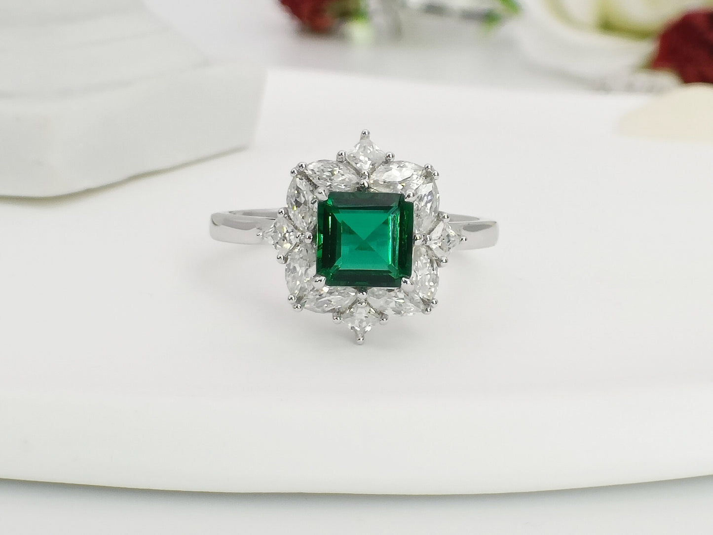 14K Gold Lab Emerald Engagement Ring, Cluster Emerald Bridal Ring, White Gold Emerald Wedding Ring