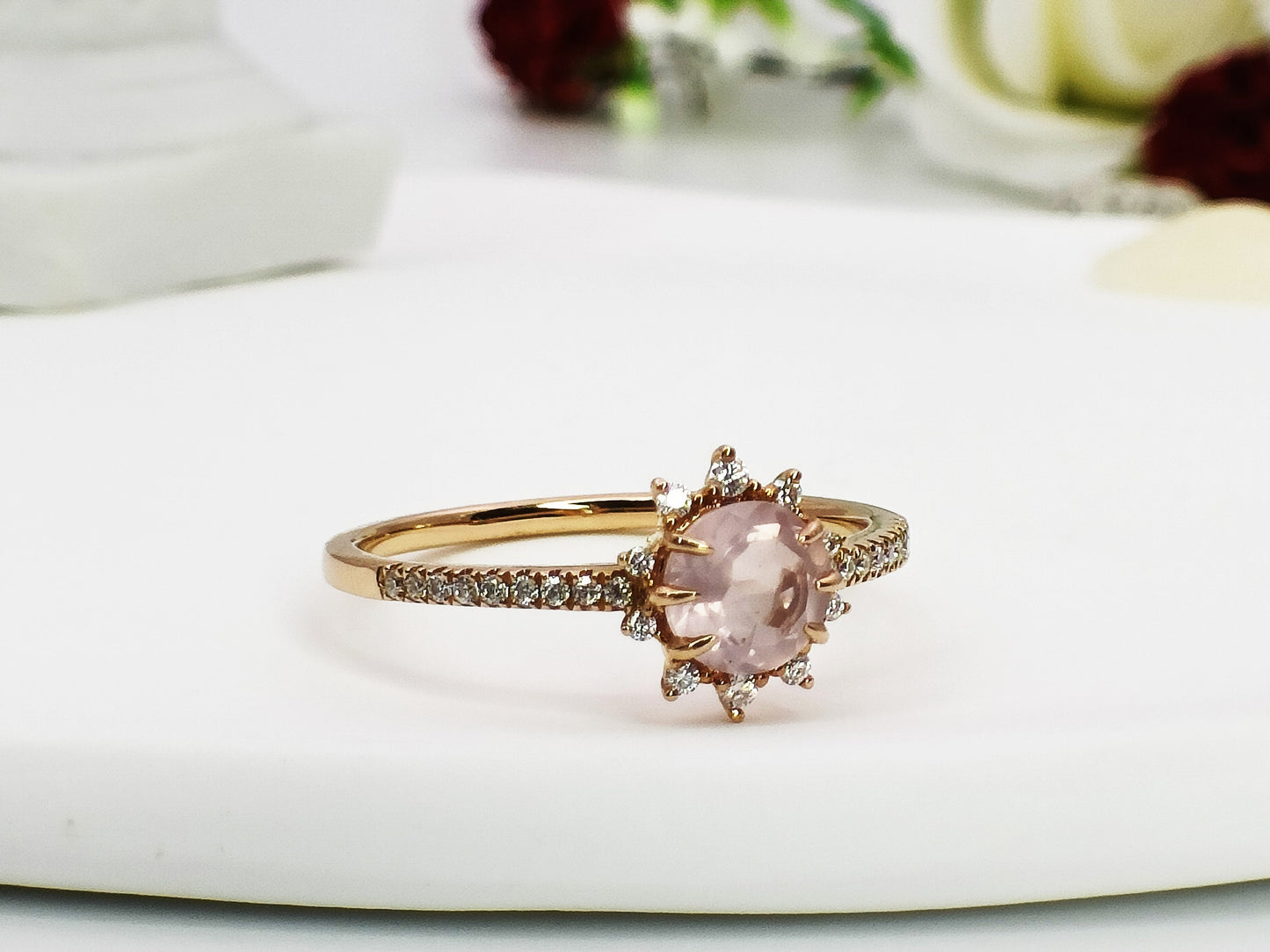 14K Gold Rose Quartz Engagement Ring| Rose Quartz Wedding Ring| Rose Quartz Bridal Ring| Rose Quartz Moissanite Ring