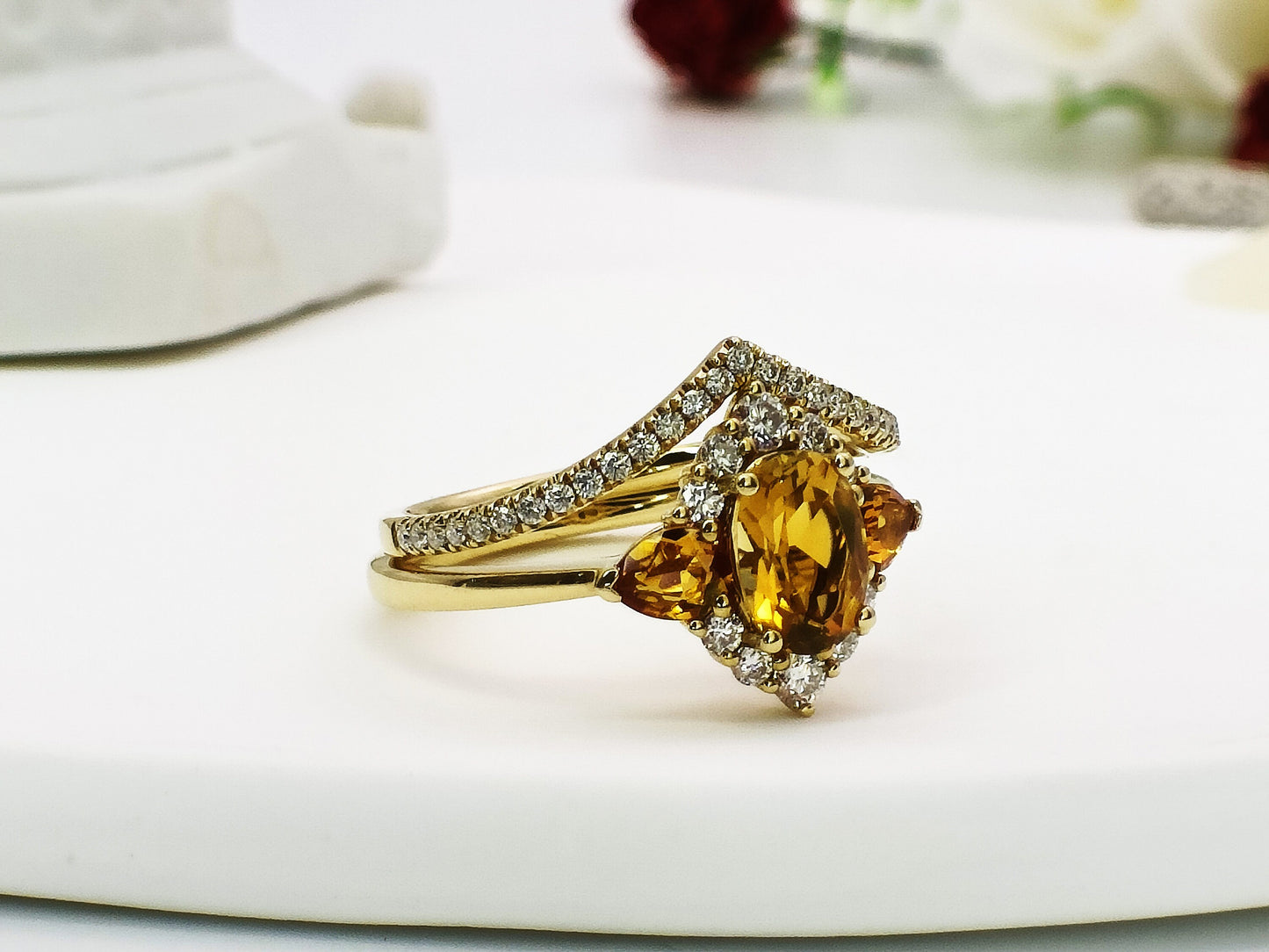 14K Gold Natural Citrine Stackable Ring Set| Art Deco Citrine Halo Ring Set| Three Stone Citrine Ring| Chevron Ring