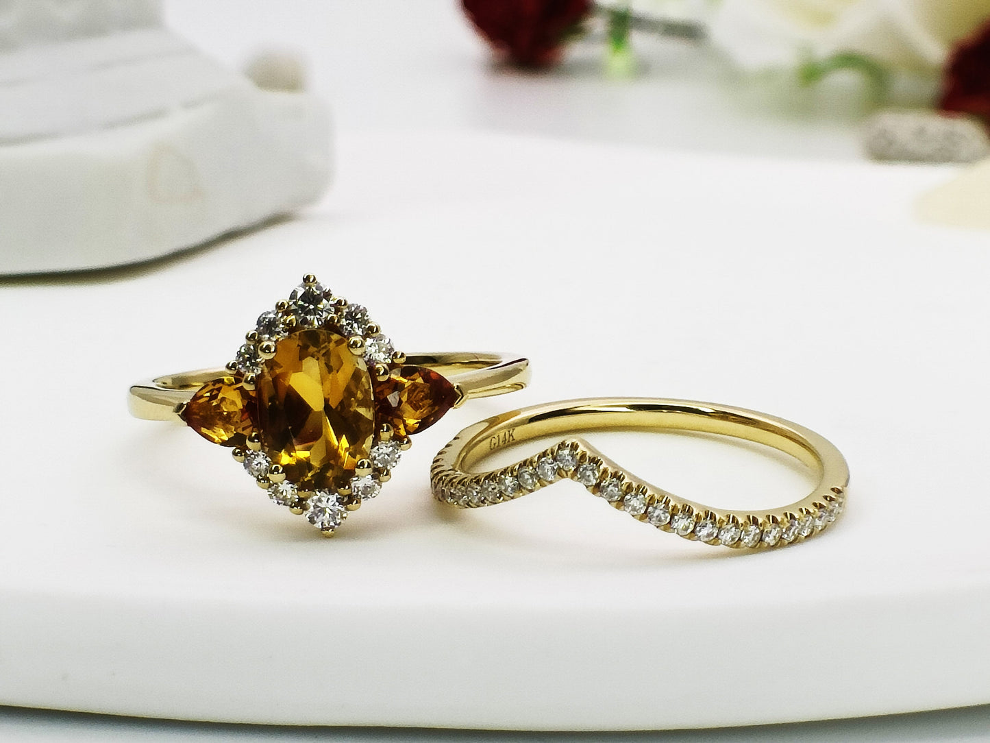 14K Gold Natural Citrine Stackable Ring Set| Art Deco Citrine Halo Ring Set| Three Stone Citrine Ring| Chevron Ring