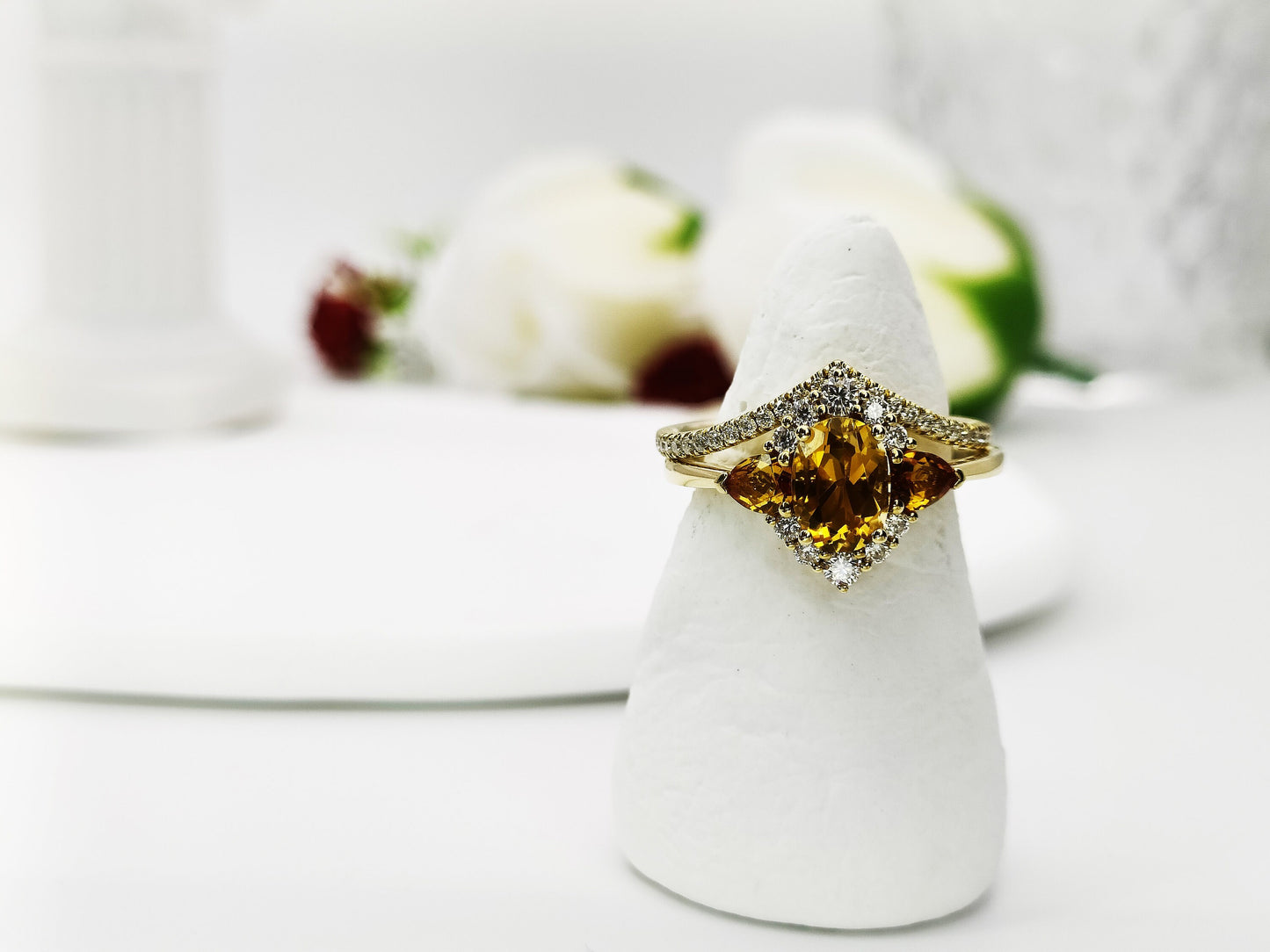 14K Gold Natural Citrine Stackable Ring Set| Art Deco Citrine Halo Ring Set| Three Stone Citrine Ring| Chevron Ring