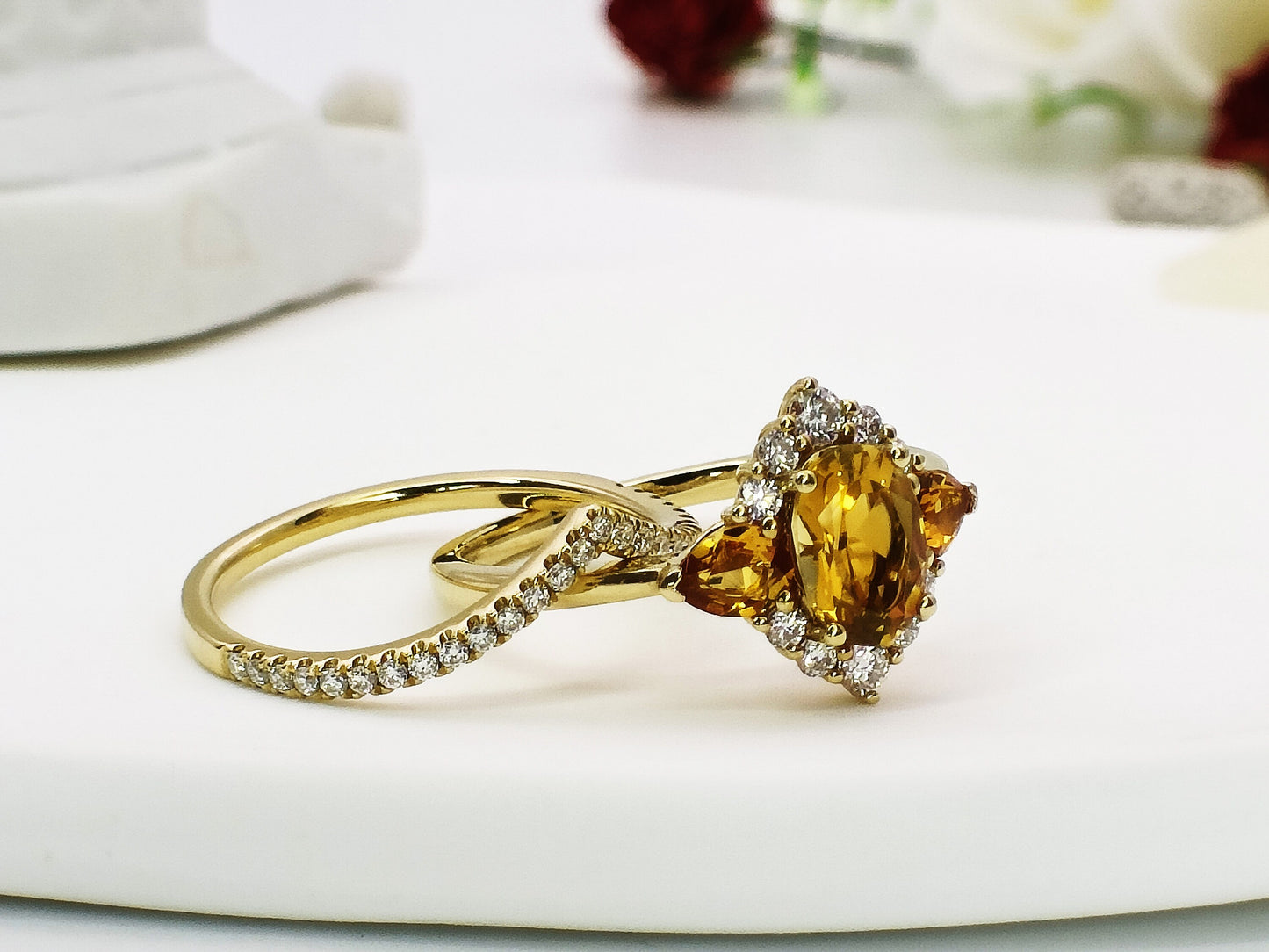 14K Gold Natural Citrine Stackable Ring Set| Art Deco Citrine Halo Ring Set| Three Stone Citrine Ring| Chevron Ring