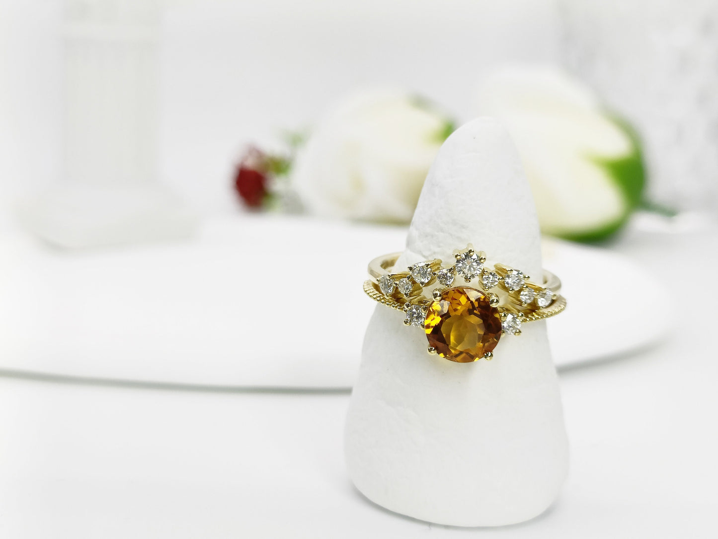 14K Gold Natural Citrine Engagement Ring Set| Genuine Citrine Bridal Ring Set| Citrine Stacking Band| Gold Citrine Ring