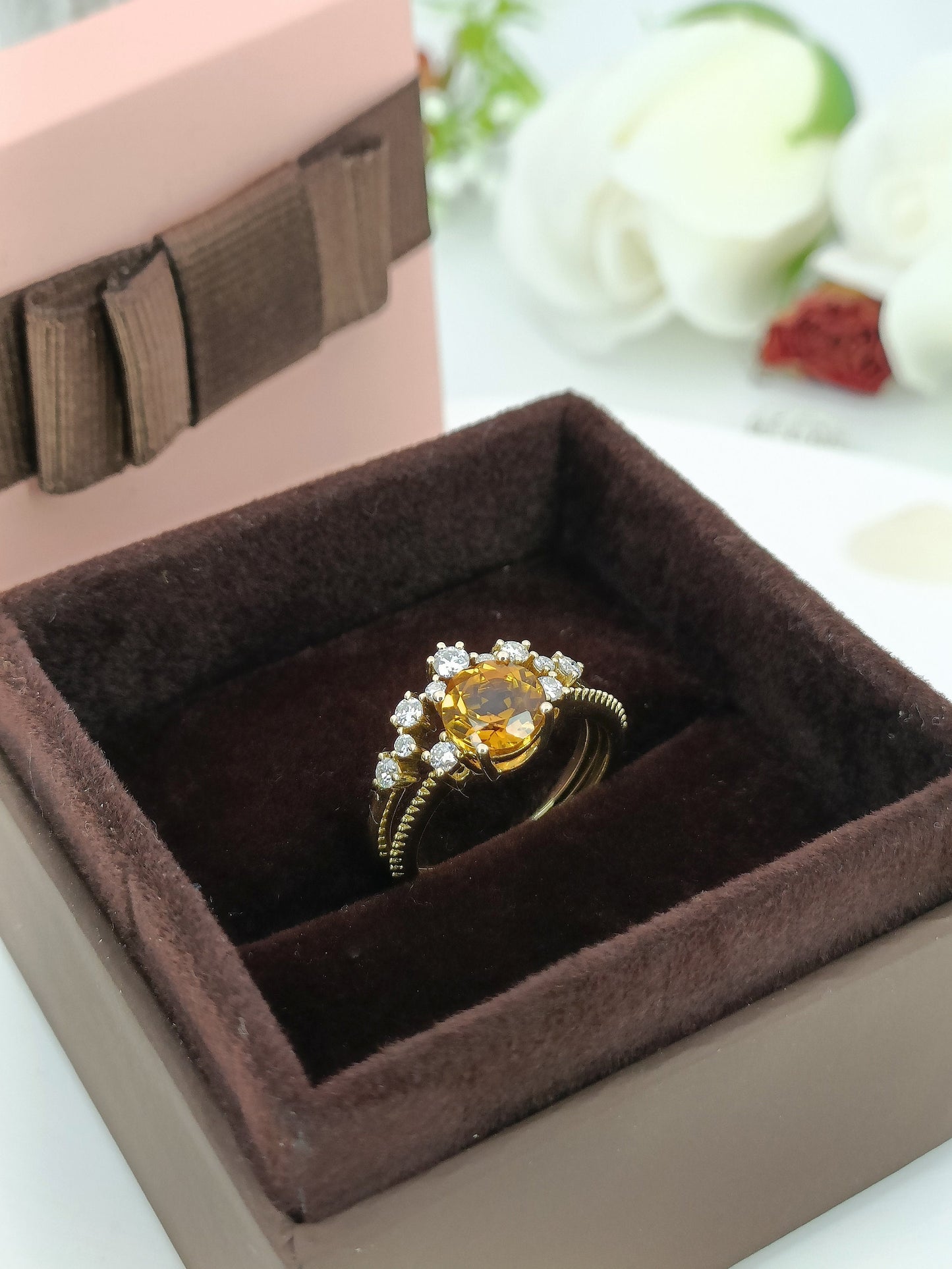 14K Gold Natural Citrine Engagement Ring Set| Genuine Citrine Bridal Ring Set| Citrine Stacking Band| Gold Citrine Ring