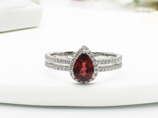 14K Gold Natural Garnet Halo Ring| Genuine Garnet Wedding Ring| Half Eternity Ring| January Birthstone Ring