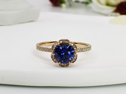 14K Gold Natural Tanzanite Engagement Ring, 2.38ct Cluster Diamond Tanzanite Bridal Ring, Rose Gold Tanzanite Wedding Ring