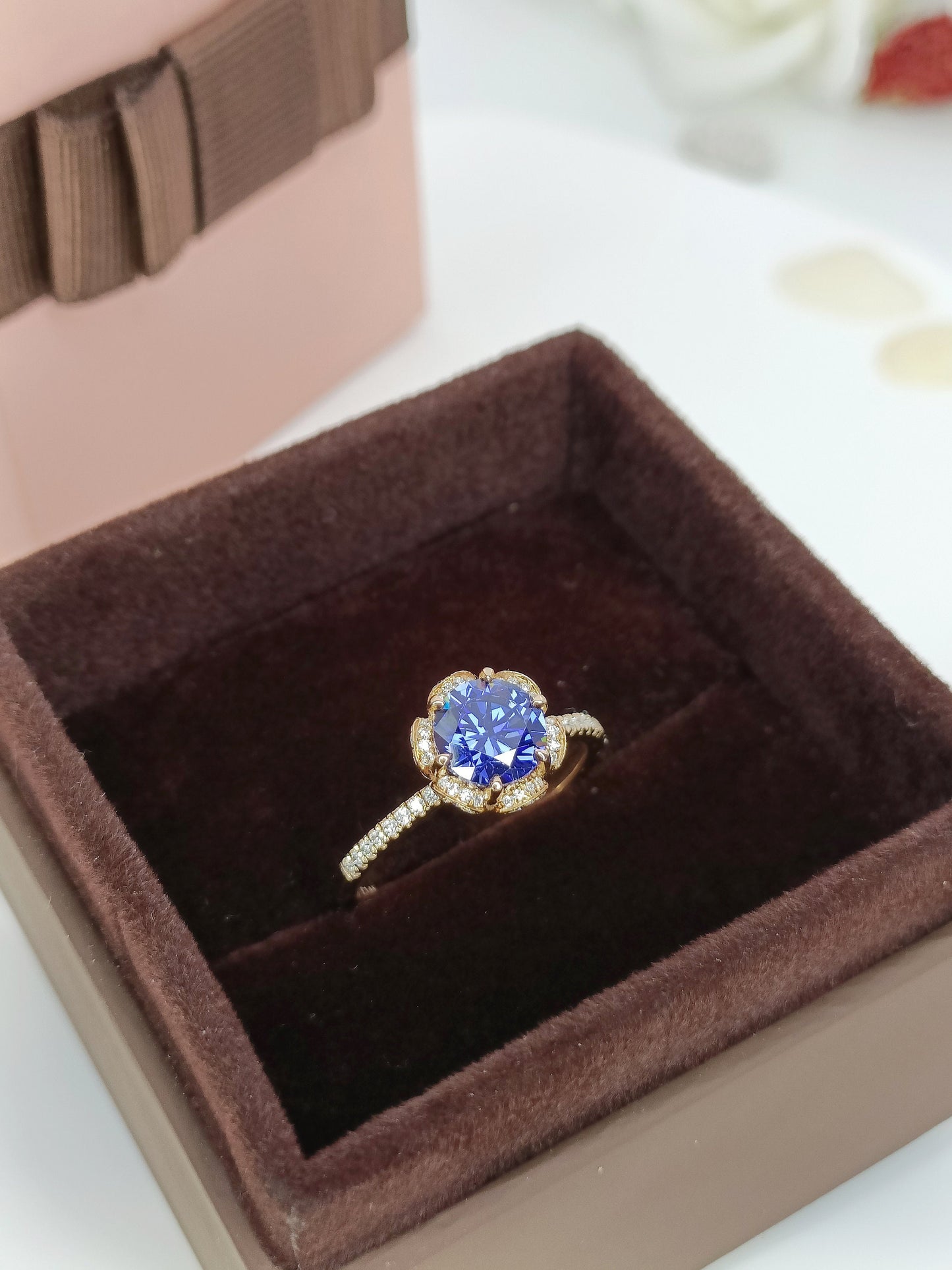 14K Gold Natural Tanzanite Engagement Ring, 2.38ct Cluster Diamond Tanzanite Bridal Ring, Rose Gold Tanzanite Wedding Ring