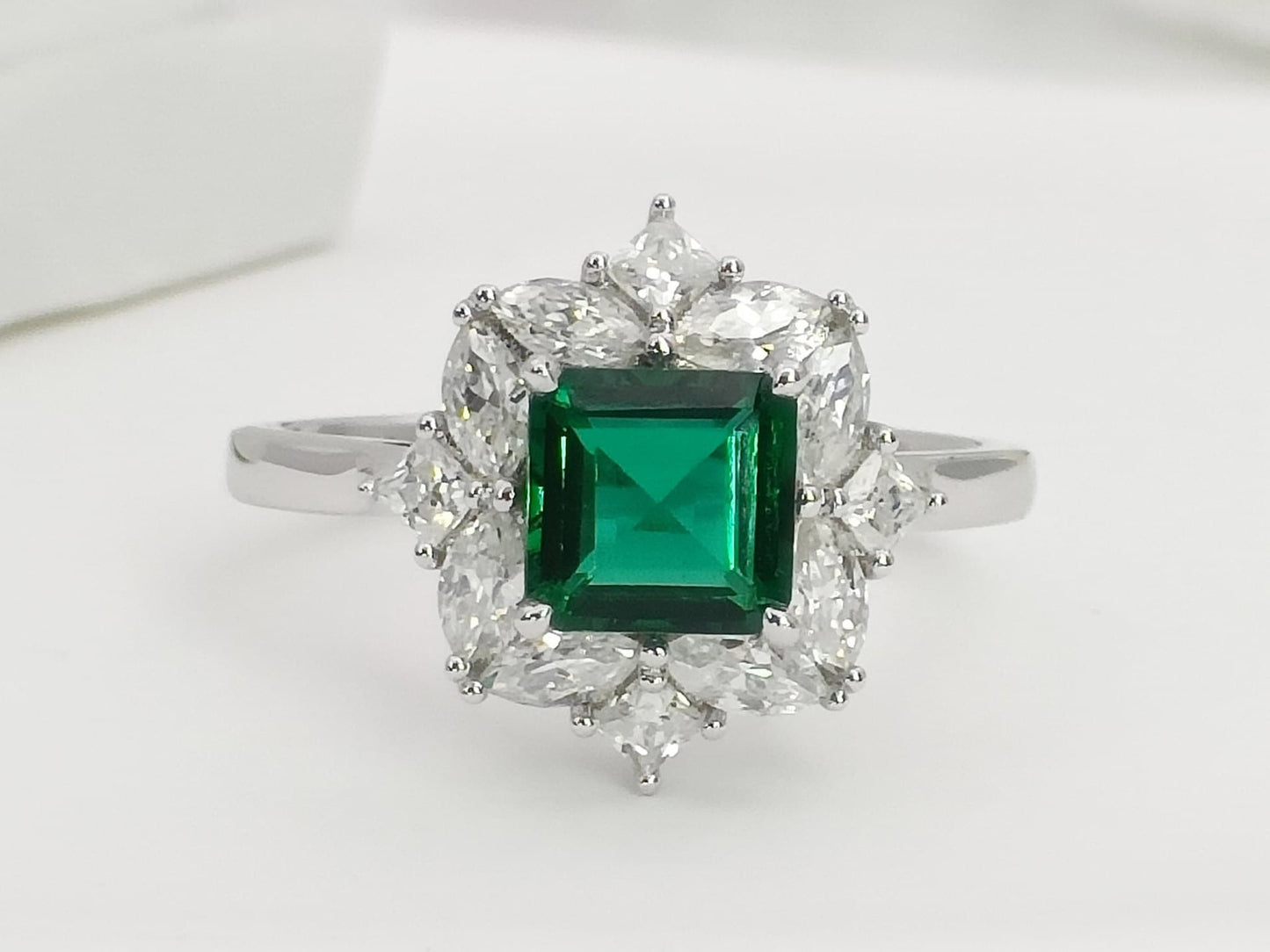 14K Gold Lab Emerald Engagement Ring, Cluster Emerald Bridal Ring, White Gold Emerald Wedding Ring