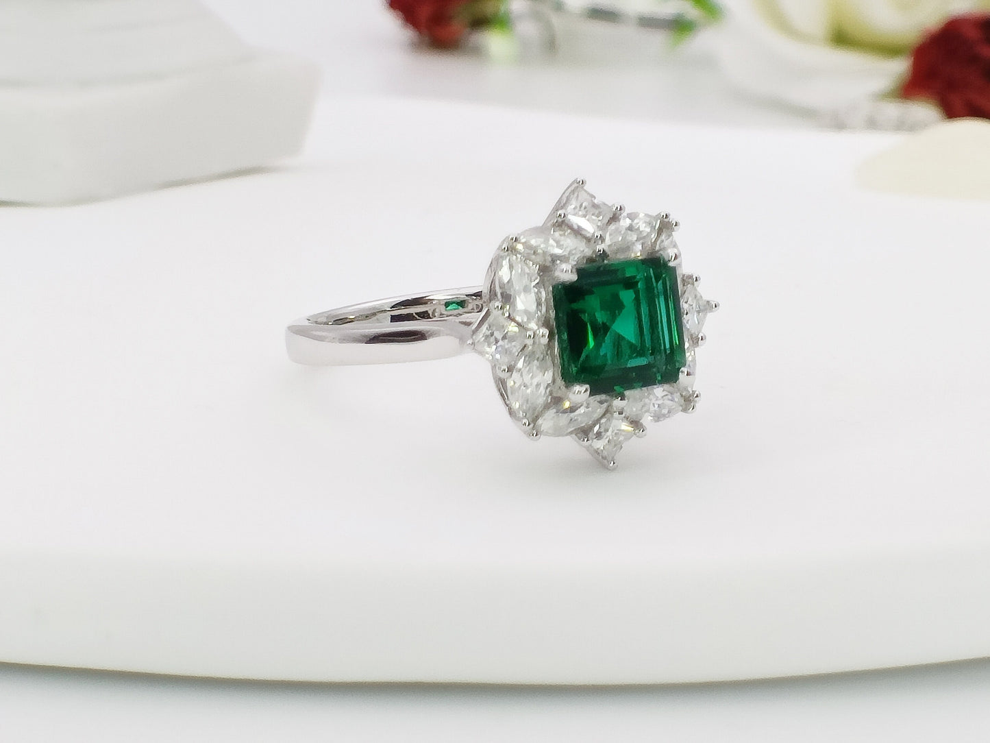 14K Gold Lab Emerald Engagement Ring, Cluster Emerald Bridal Ring, White Gold Emerald Wedding Ring