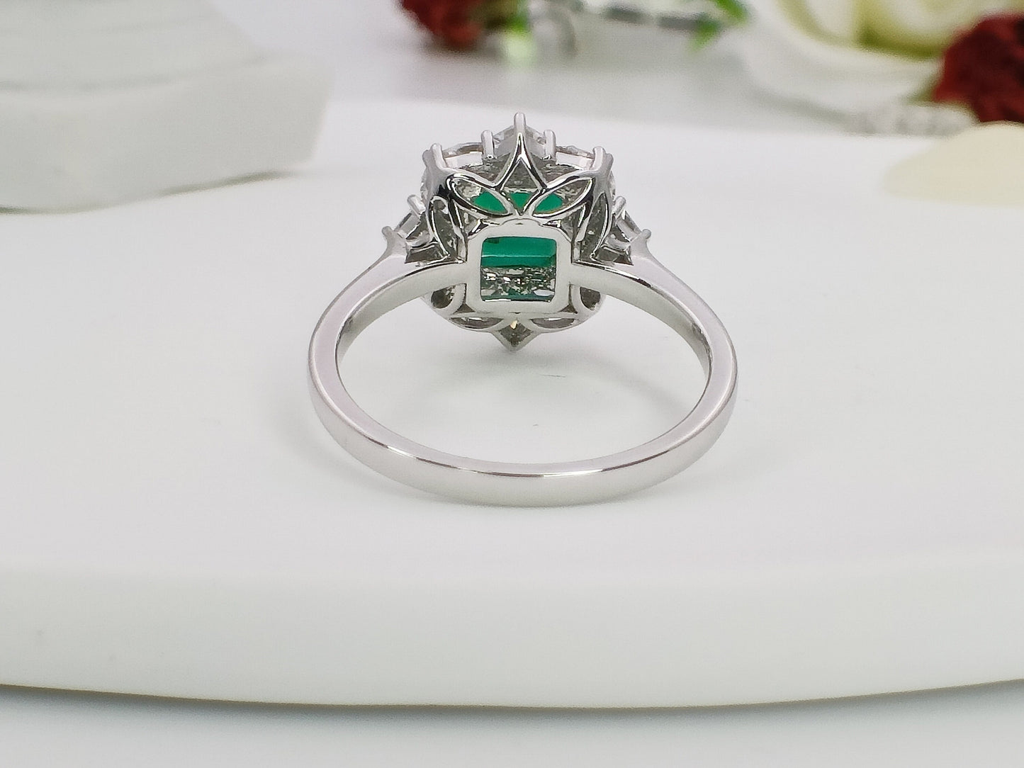 14K Gold Lab Emerald Engagement Ring, Cluster Emerald Bridal Ring, White Gold Emerald Wedding Ring