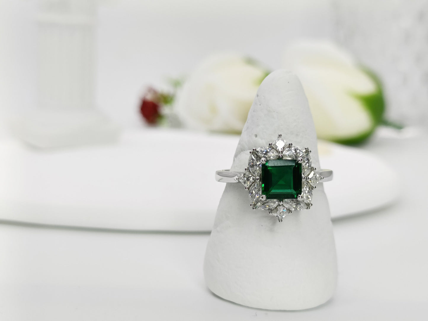 14K Gold Lab Emerald Engagement Ring, Cluster Emerald Bridal Ring, White Gold Emerald Wedding Ring