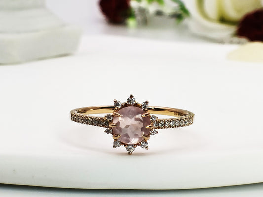 14K Gold Rose Quartz Engagement Ring| Rose Quartz Wedding Ring| Rose Quartz Bridal Ring| Rose Quartz Moissanite Ring