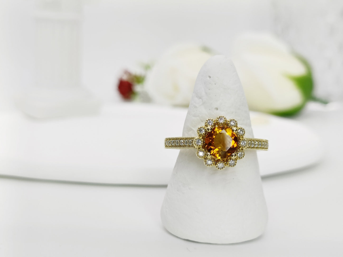 14K Gold Citrine Engagement Ring| Natural Citrine Halo Ring| Cluster Citrine Wedding Ring| November Birthstone