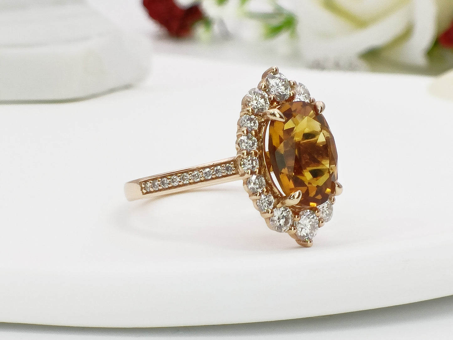 14K Gold Citrine Engagement Ring| 2.4ct Natural Citrine Halo Ring|  Citrine Wedding Ring| November Birthstone