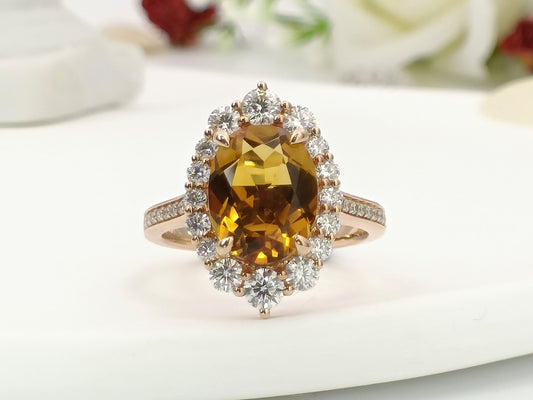 14K Gold Citrine Engagement Ring| 2.4ct Natural Citrine Halo Ring|  Citrine Wedding Ring| November Birthstone