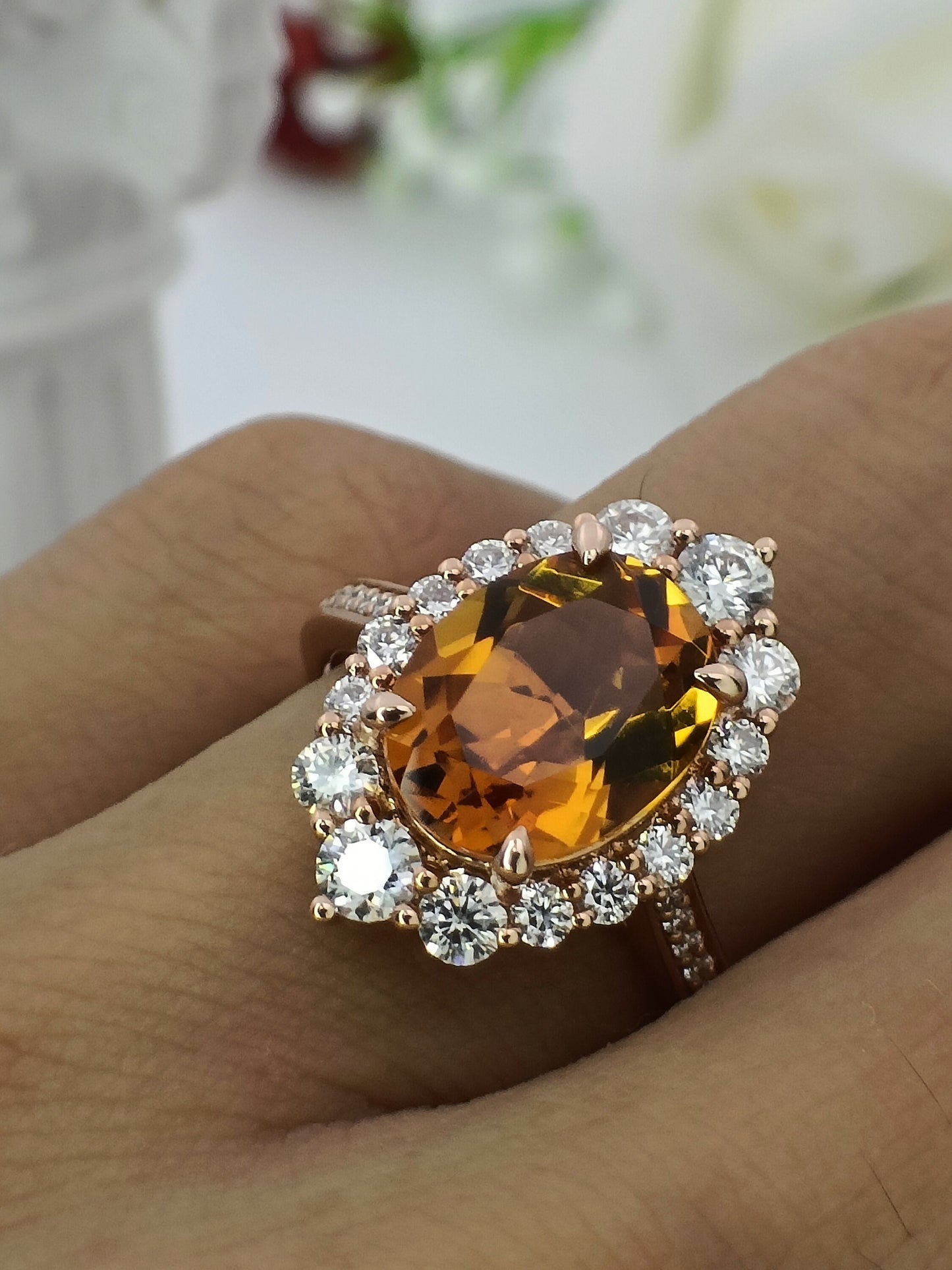 14K Gold Citrine Engagement Ring| 2.4ct Natural Citrine Halo Ring|  Citrine Wedding Ring| November Birthstone