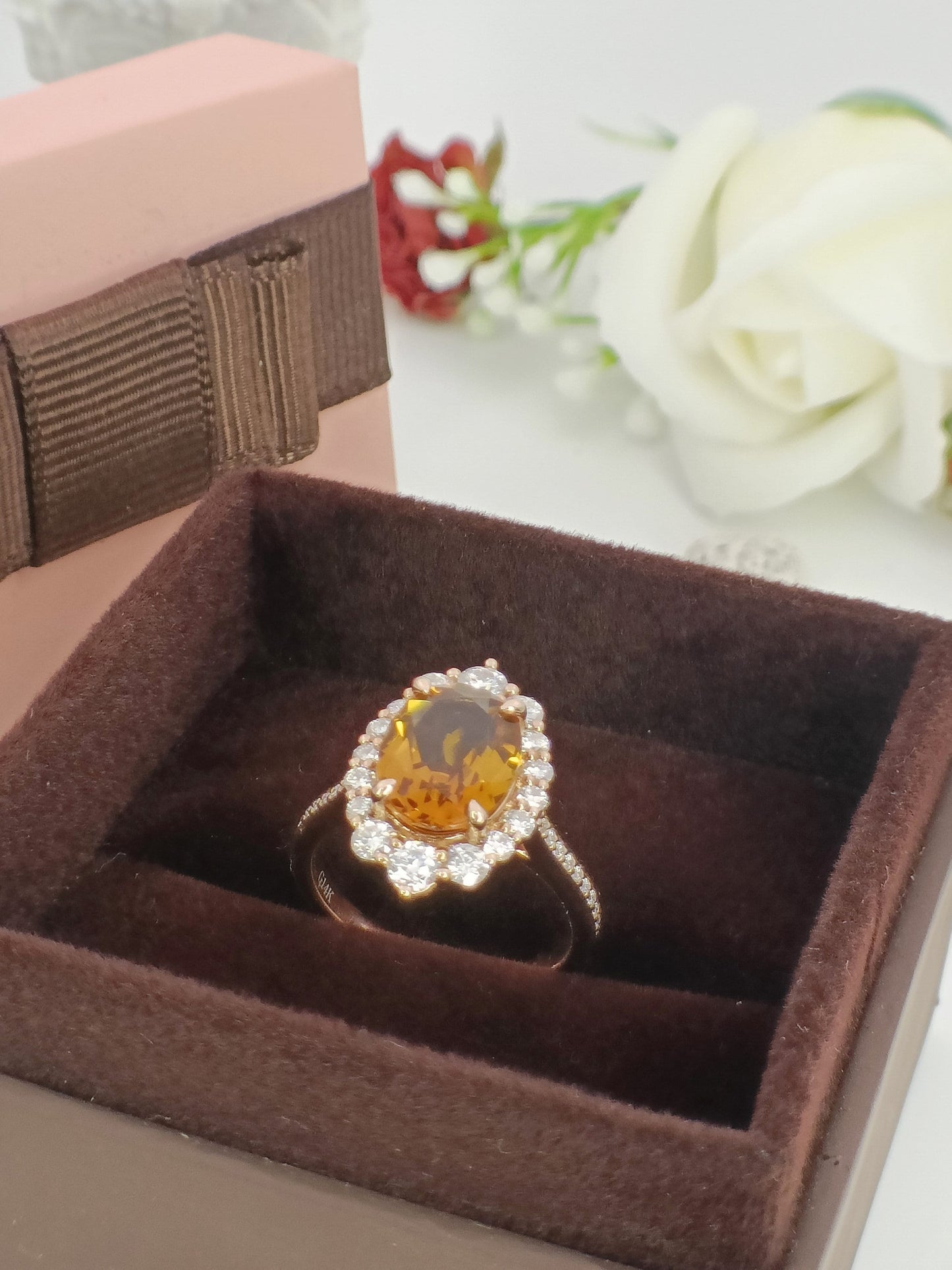 14K Gold Citrine Engagement Ring| 2.4ct Natural Citrine Halo Ring|  Citrine Wedding Ring| November Birthstone