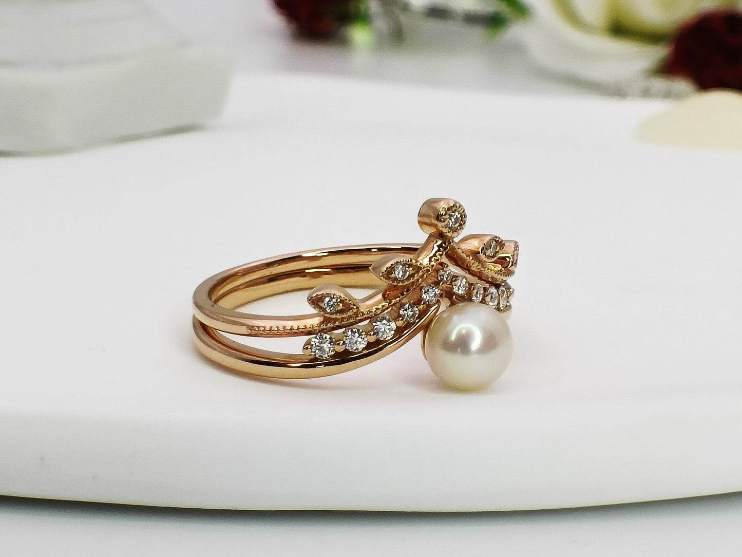 14K Gold Pearl Engagement Ring Set|  Chevron Pear Ring| Curved V Shape Pearl Wedding Band| Vintage pearl Ring