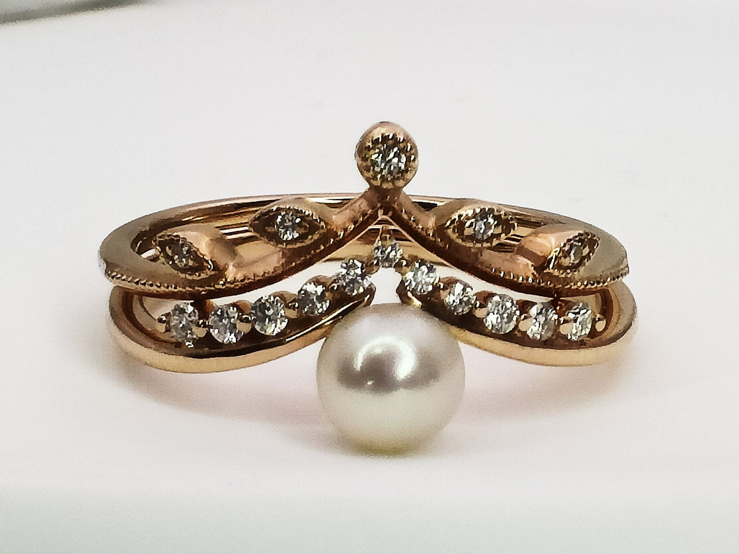 14K Gold Pearl Engagement Ring Set|  Chevron Pear Ring| Curved V Shape Pearl Wedding Band| Vintage pearl Ring