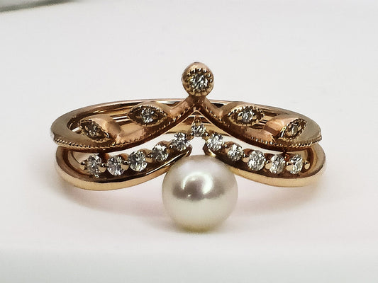 14K Gold Pearl Engagement Ring Set|  Chevron Pear Ring| Curved V Shape Pearl Wedding Band| Vintage pearl Ring