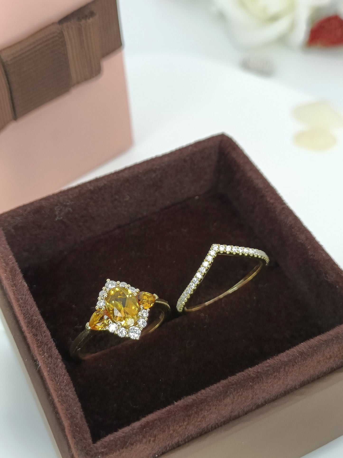 14K Gold Natural Citrine Stackable Ring Set| Art Deco Citrine Halo Ring Set| Three Stone Citrine Ring| Chevron Ring