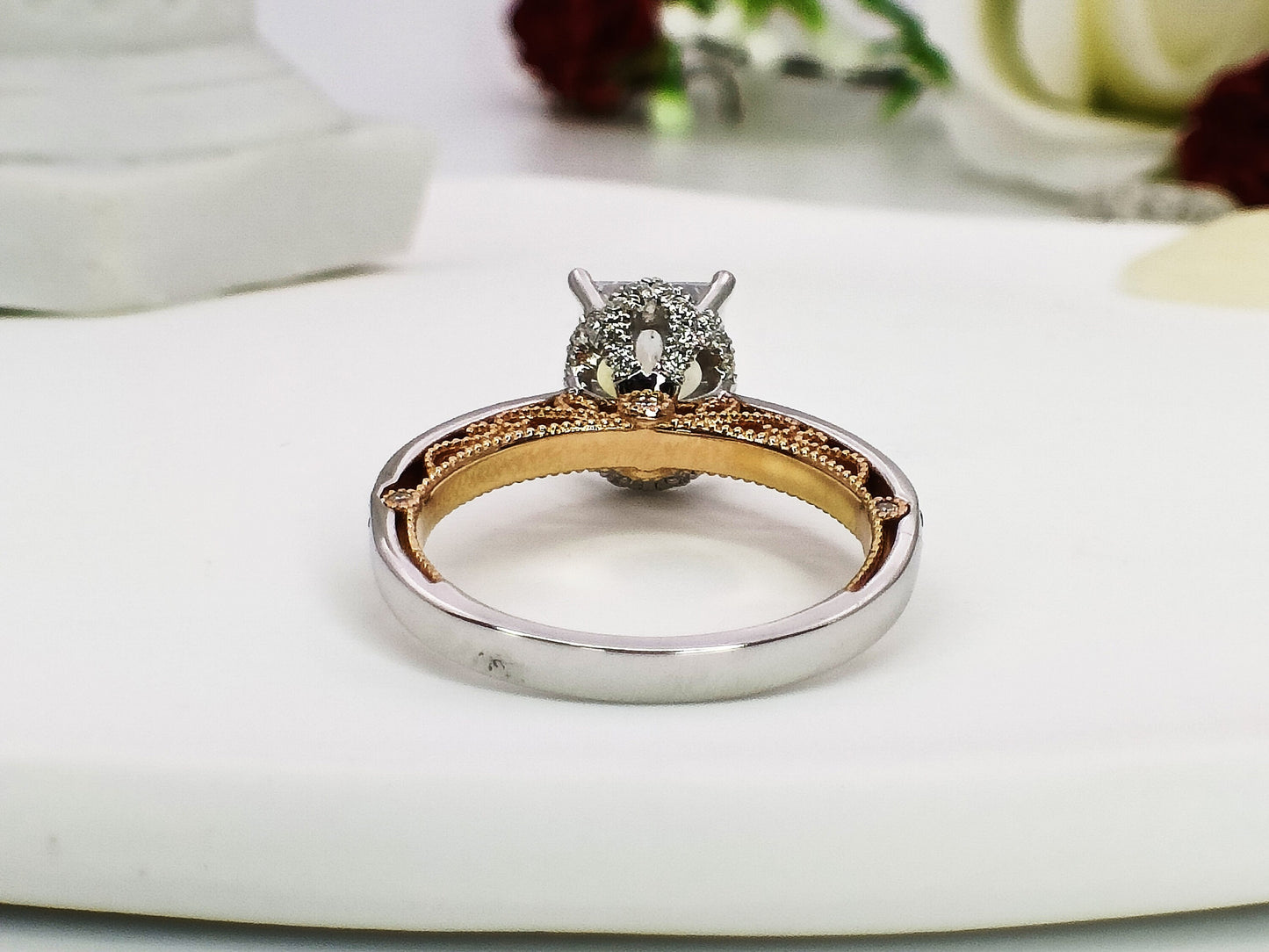 14K Gold Two Tone CZ Engagement Ring| Vintage Art Deco CZ Wedding Ring| Solitaire CZ Bridal Ring| Everyday Ring