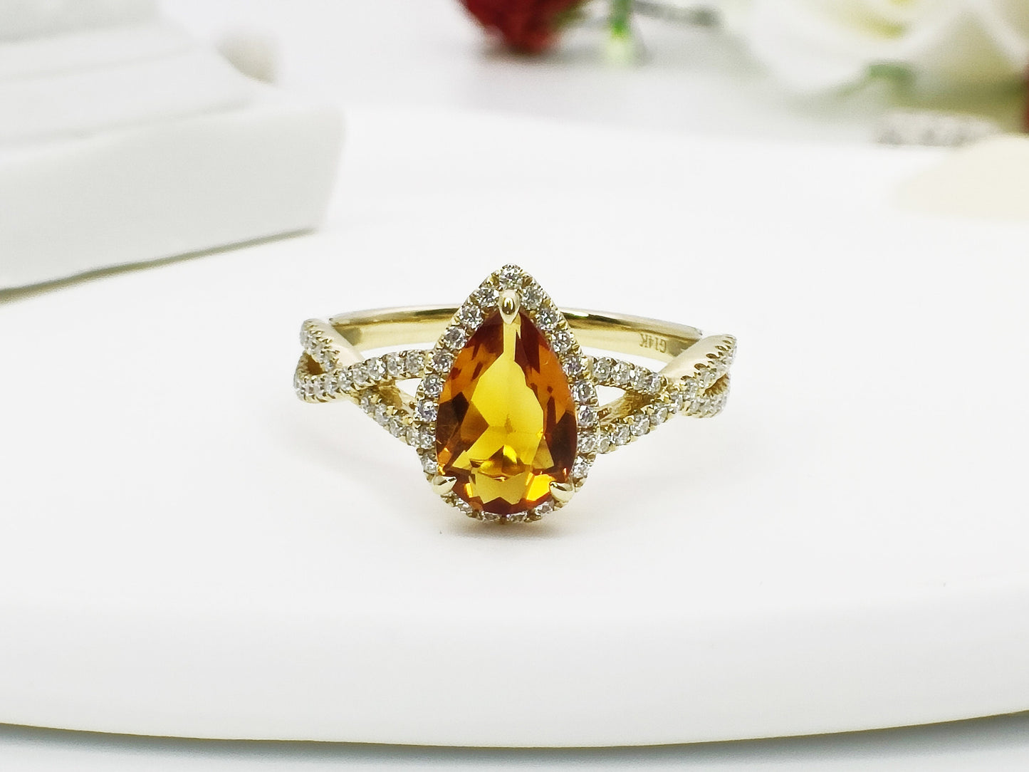 14K Gold Citrine Engagement Ring| 1.13ct Natural Citrine Halo Ring| Crossover Citrine Wedding Ring| November Birthstone