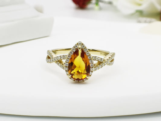 14K Gold Citrine Engagement Ring| 1.13ct Natural Citrine Halo Ring| Crossover Citrine Wedding Ring| November Birthstone