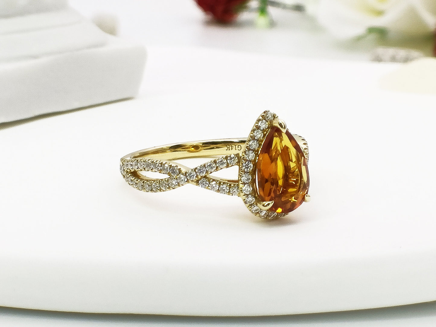 14K Gold Citrine Engagement Ring| 1.13ct Natural Citrine Halo Ring| Crossover Citrine Wedding Ring| November Birthstone