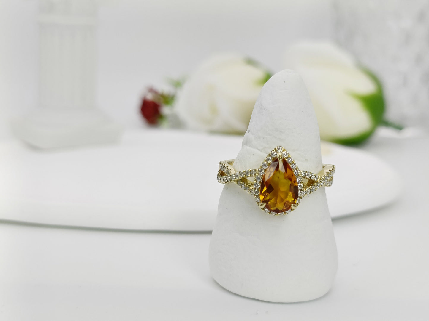 14K Gold Citrine Engagement Ring| 1.13ct Natural Citrine Halo Ring| Crossover Citrine Wedding Ring| November Birthstone