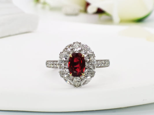 Untreated Pigeon Blood Natural Ruby Engagement Ring| 1.02ct Oval Cut Natural Ruby Statement rings| 18K Gold Ruby Diamond Double Halo Ring