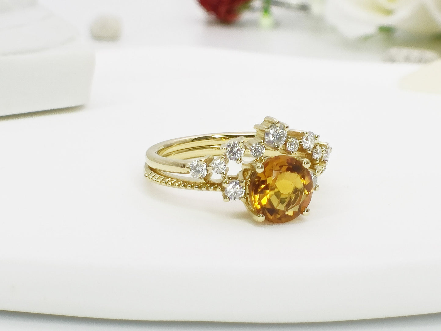 14K Gold Natural Citrine Engagement Ring Set| Genuine Citrine Bridal Ring Set| Citrine Stacking Band| Gold Citrine Ring