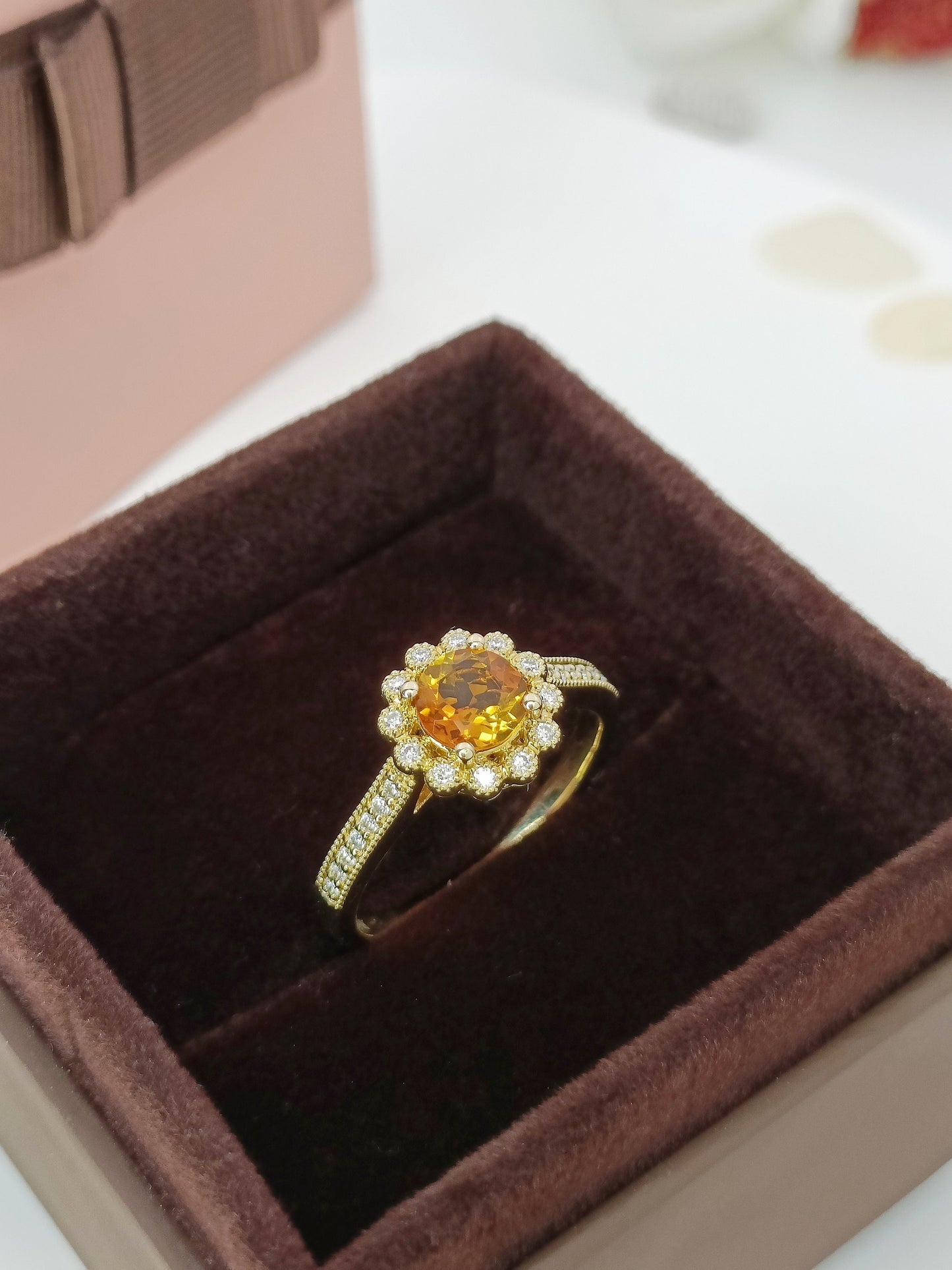 14K Gold Citrine Engagement Ring| Natural Citrine Halo Ring| Cluster Citrine Wedding Ring| November Birthstone