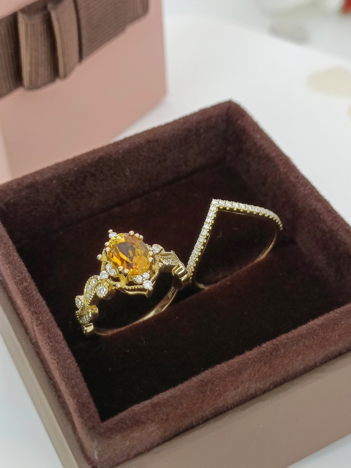 14K Gold Natural Citrine Engagement Ring Set| Art Deco Citrine Ring Set| Citrine Wedding Ring Set| Unique Citrine Gold Ring