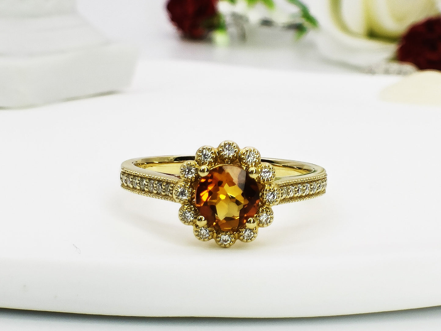 14K Gold Citrine Engagement Ring| Natural Citrine Halo Ring| Cluster Citrine Wedding Ring| November Birthstone