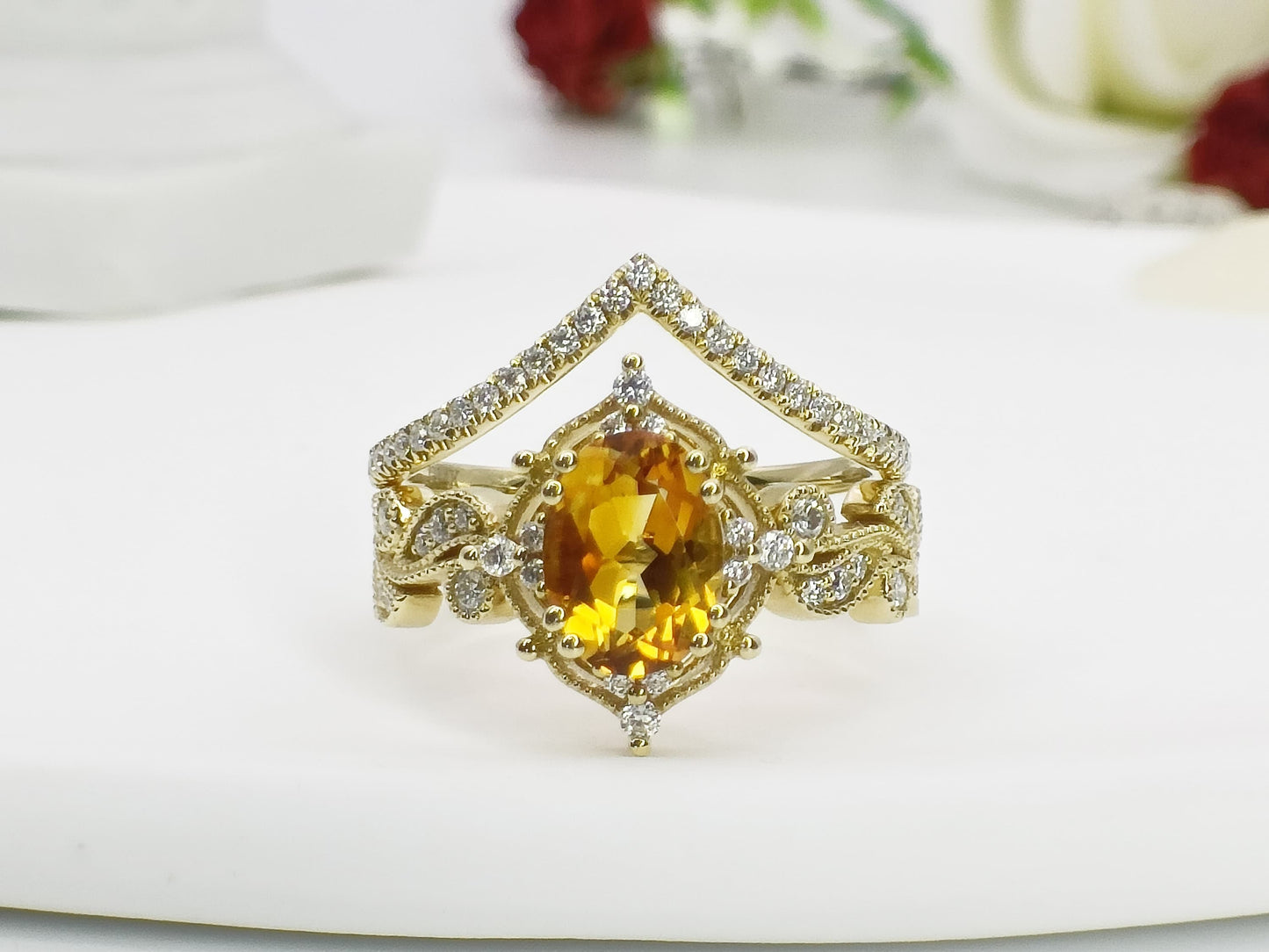 14K Gold Natural Citrine Engagement Ring Set| Art Deco Citrine Ring Set| Citrine Wedding Ring Set| Unique Citrine Gold Ring