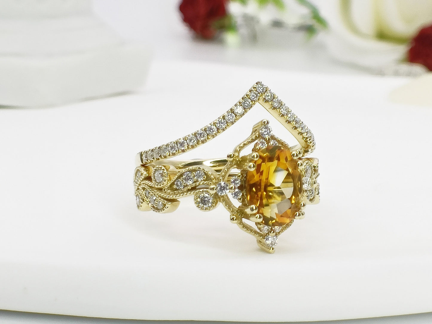 14K Gold Natural Citrine Engagement Ring Set| Art Deco Citrine Ring Set| Citrine Wedding Ring Set| Unique Citrine Gold Ring