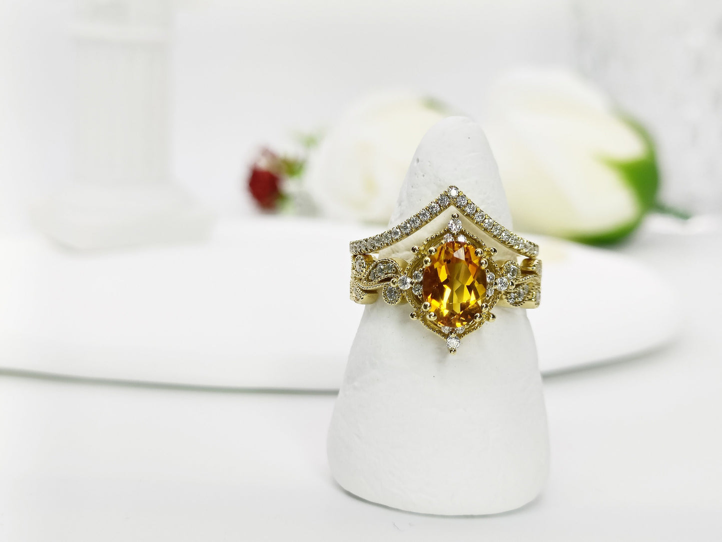 14K Gold Natural Citrine Engagement Ring Set| Art Deco Citrine Ring Set| Citrine Wedding Ring Set| Unique Citrine Gold Ring