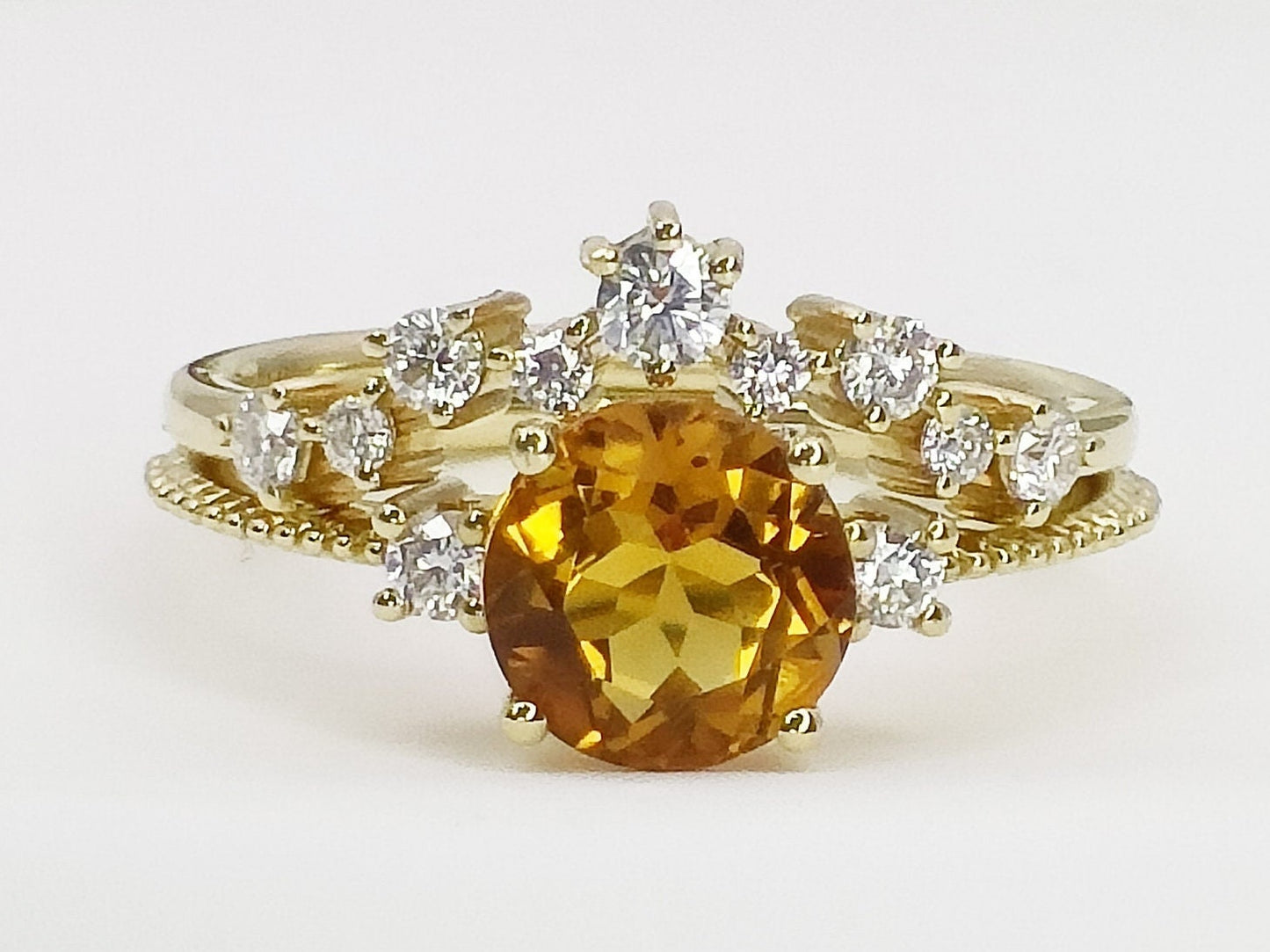 14K Gold Natural Citrine Engagement Ring Set| Genuine Citrine Bridal Ring Set| Citrine Stacking Band| Gold Citrine Ring