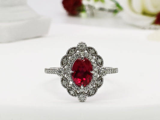 14K Gold Ruby Halo Ring| Lab Created Ruby Engagement Ring|  Double Halo Ring| Everyday Ring