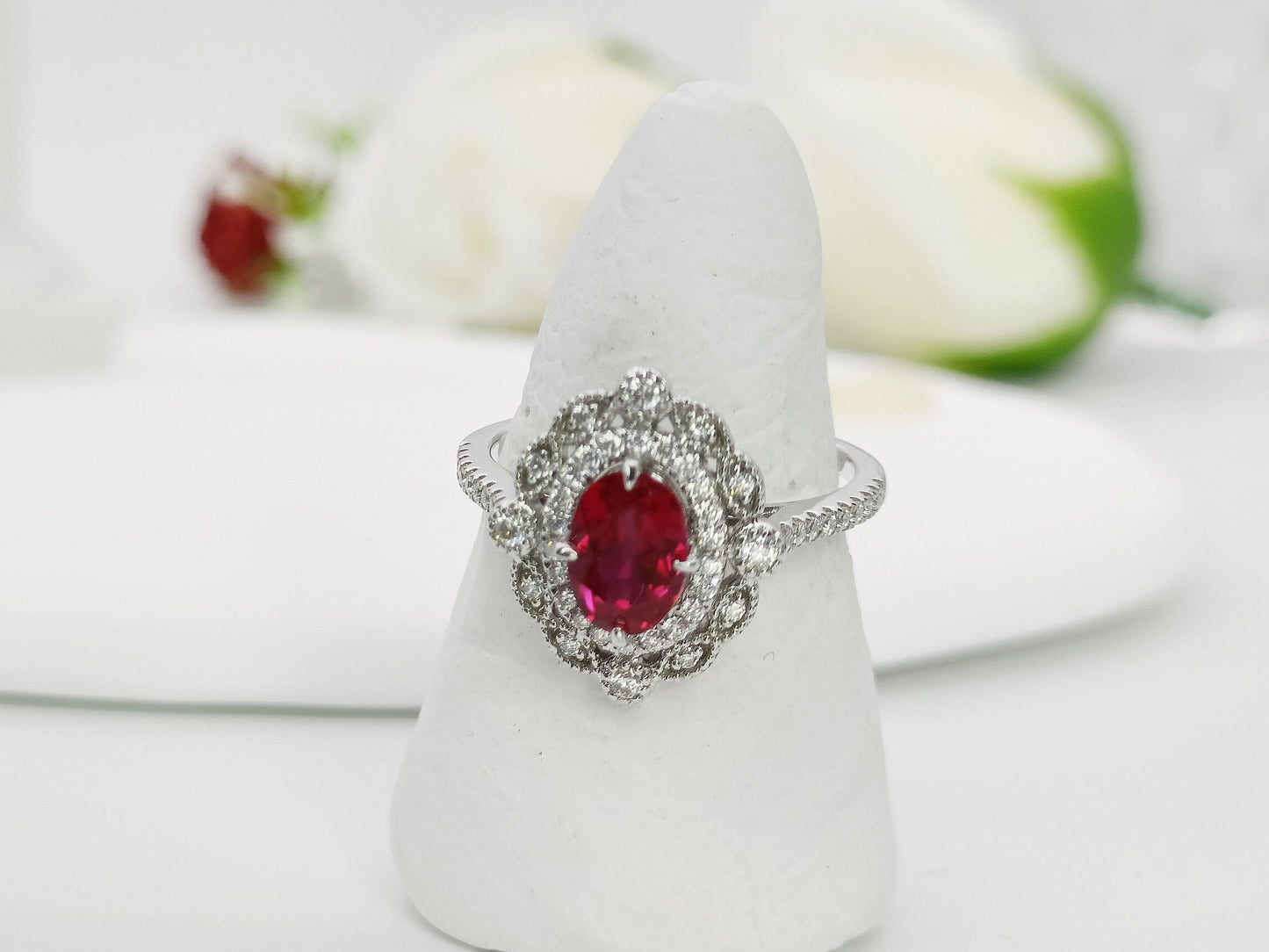 14K Gold Ruby Halo Ring| Lab Created Ruby Engagement Ring|  Double Halo Ring| Everyday Ring