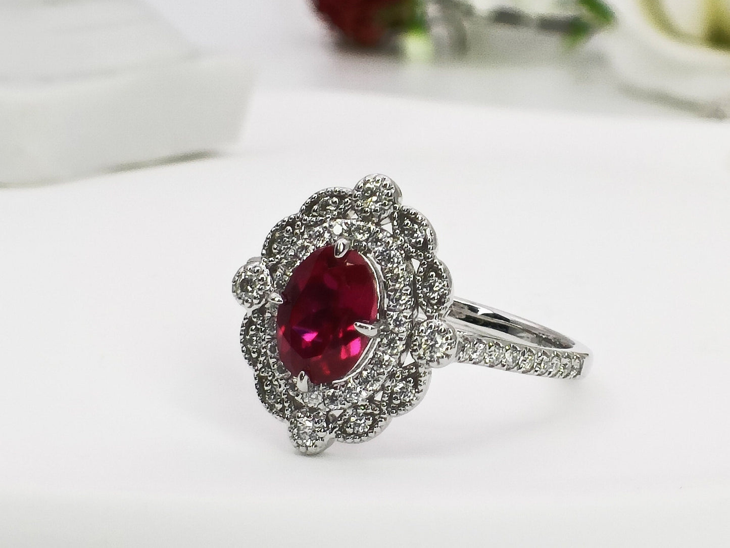 14K Gold Ruby Halo Ring| Lab Created Ruby Engagement Ring|  Double Halo Ring| Everyday Ring